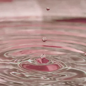 Una gota cae sobre una superficie rosa y abre círculos.