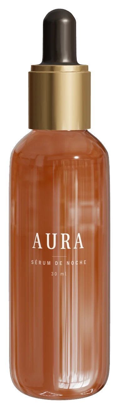 Frasco de vidrio del sérum de noche de Aura, 30 ml, con gotero.